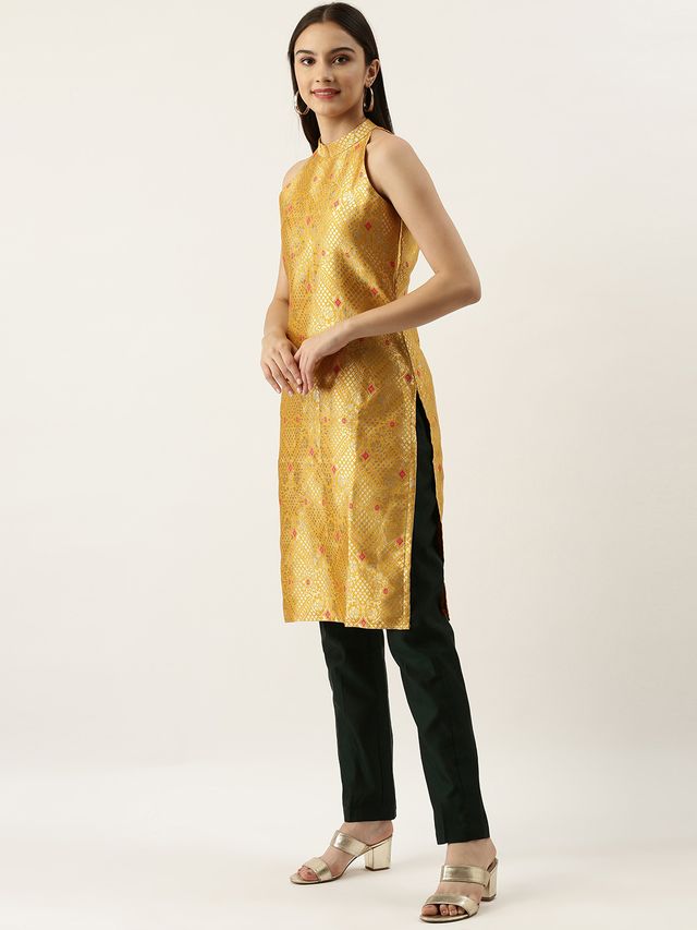 Bollywood Vogue Ready To Wear Green N Yellow Straight Pant Suit With Dupatta