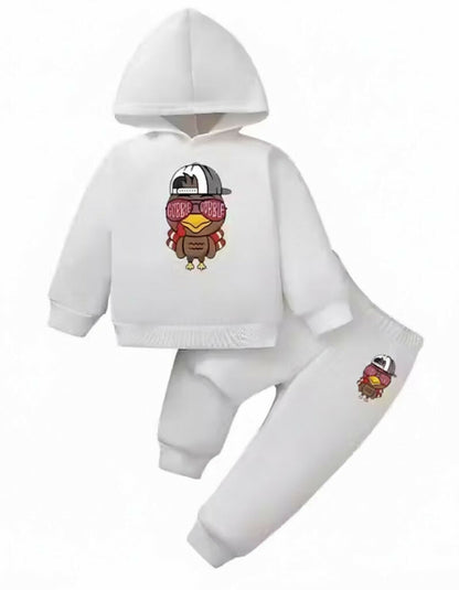 Kids Gobble Gobble Turkey Printed White Cotton Blend Hoodie & Jogger Set Luck Fashion