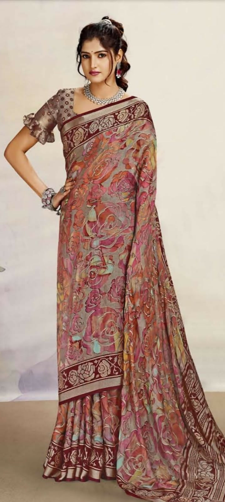 Elegant Floral Printed Synthetic Brasso Saree with Designer Border Kalyani silks and sarees