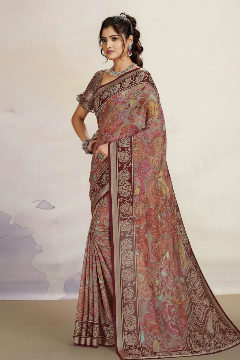 Elegant Floral Printed Synthetic Brasso Saree with Designer Border Kalyani silks and sarees