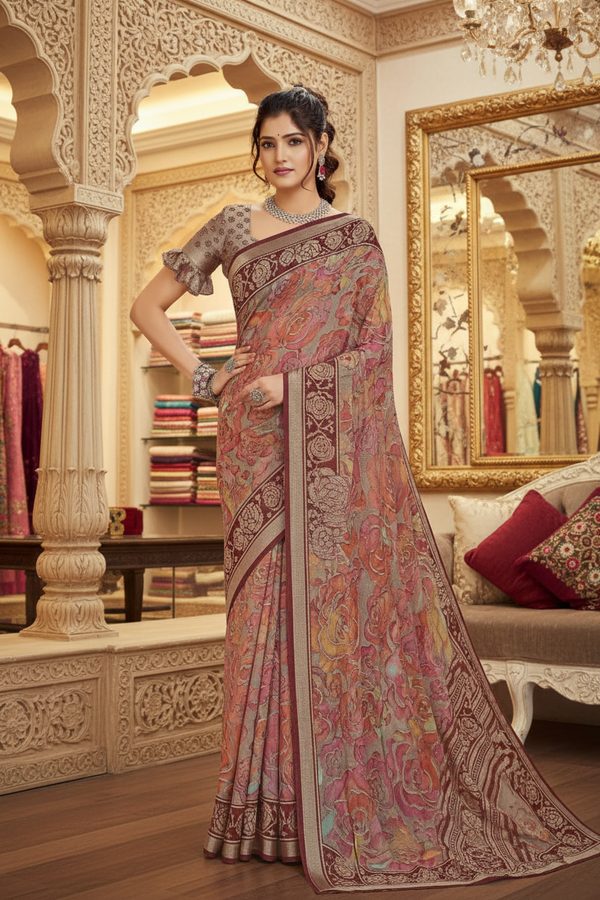 Elegant Floral Printed Synthetic Brasso Saree with Designer Border Kalyani silks and sarees