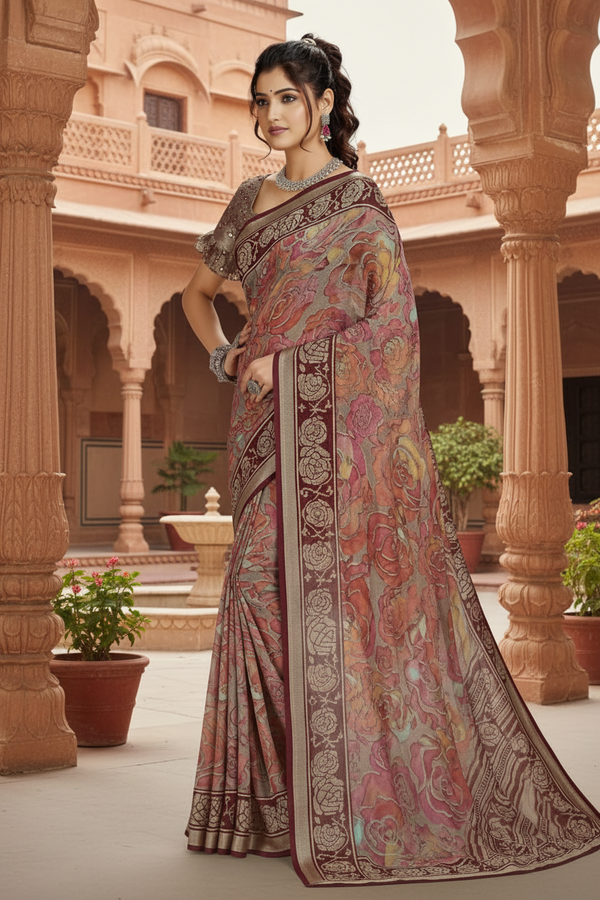 Elegant Floral Printed Synthetic Brasso Saree with Designer Border Kalyani silks and sarees