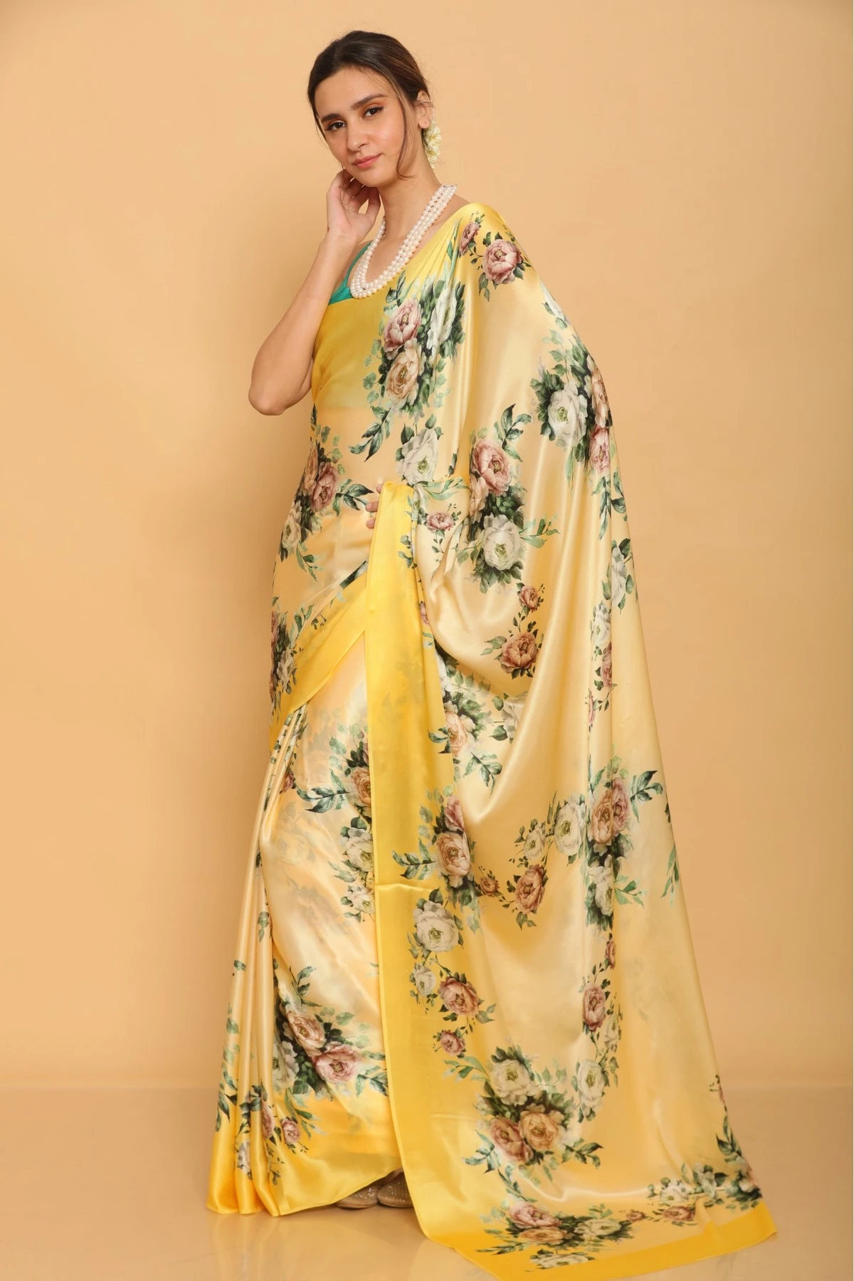 Floral Printed Heavy Satin Sarees With Plain Blouse