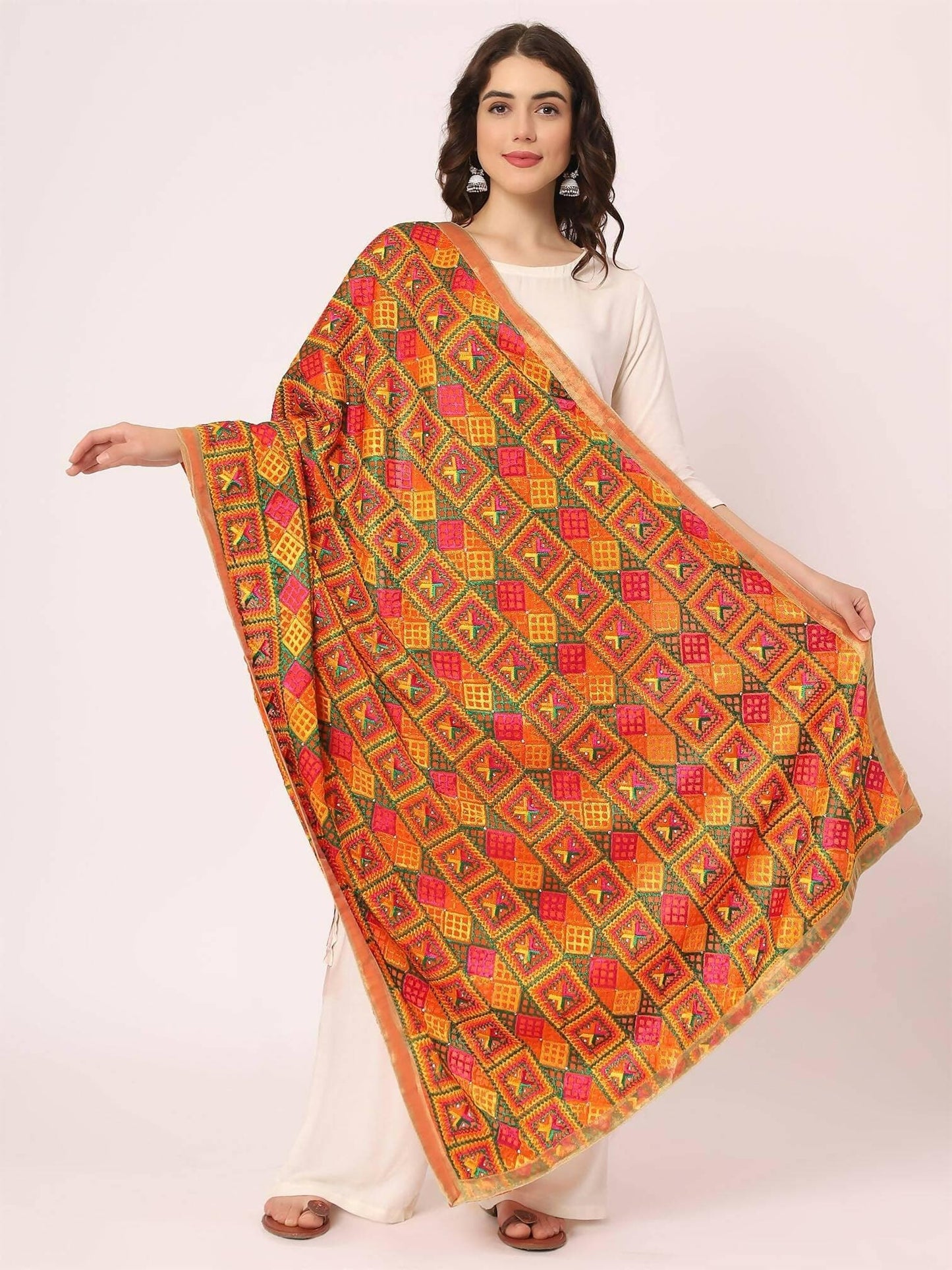 Orange Multicolour Embroidery Phulkari Duppatta - HalfPe