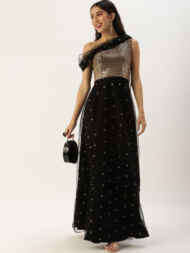 Bollywood Vogue Ready To Wear Black Net Embroidered One Shoulder Gown