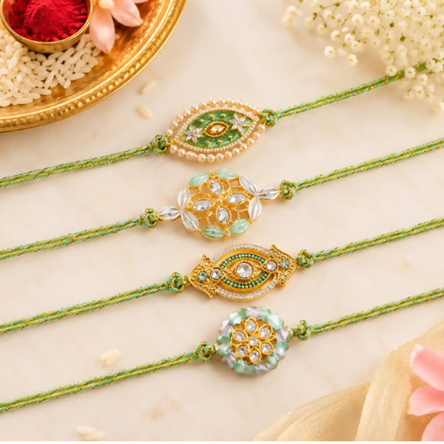 Designer Rakhi Set for Brother | Elegant Beaded & Stone Work Raksha Bandhan Rakhis (Pack of 4)