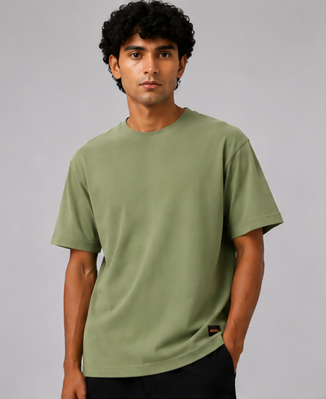 HUSTLE Men's Crew Neck Relaxed Fit T-Shirt – Light Olive Green(relax fit)