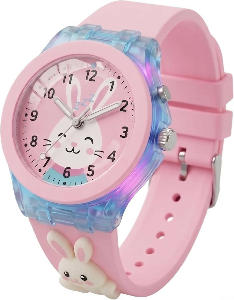 Kids Analog Rabbit Design Watch with Easy-to-Read Numbers & Soft Silicone Strap – Pink
