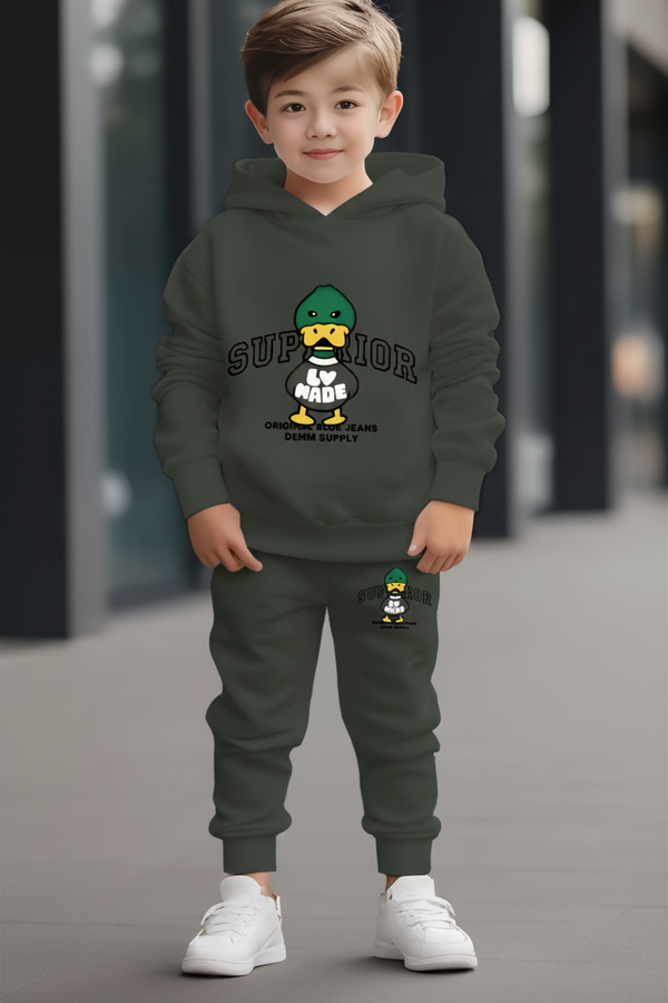 Kids Olive Green Duck Print Hoodie & Jogger Set Luck Fashion