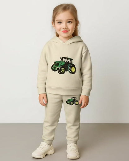 Kids Hooded Sweatshirt & Jogger Set – Green Tractor Print Casual Wear (Cream) Luck Fashion
