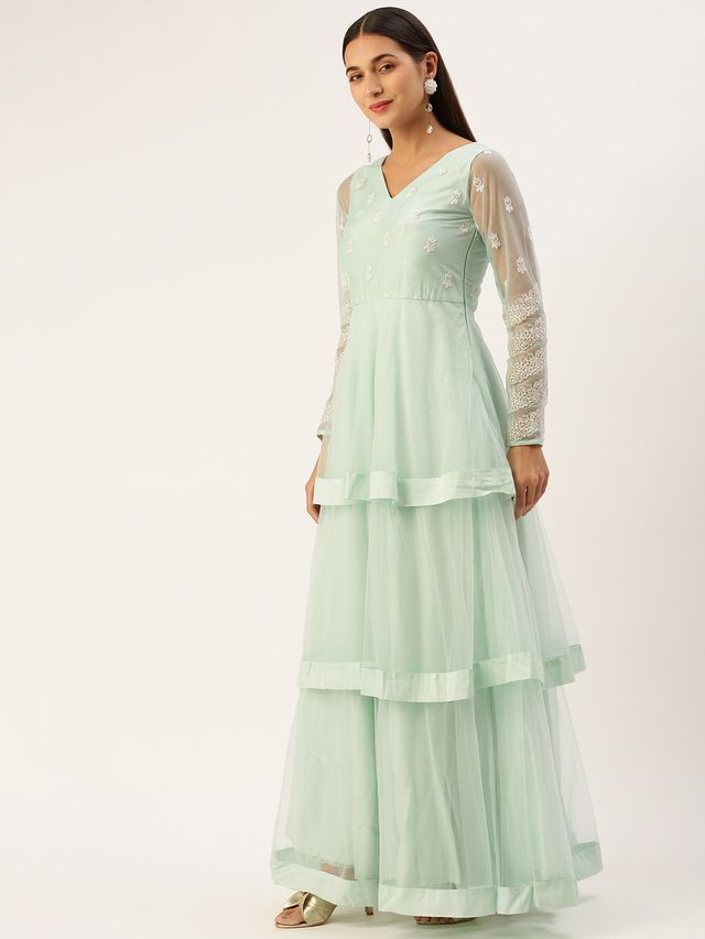 Bollywood Vogue Ready To Wear Light Sea Green Net Embroidered Gown