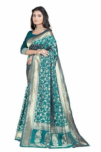 AXONIT Soft Silk Saree with Golden Zari Floral & Peacock Weaving