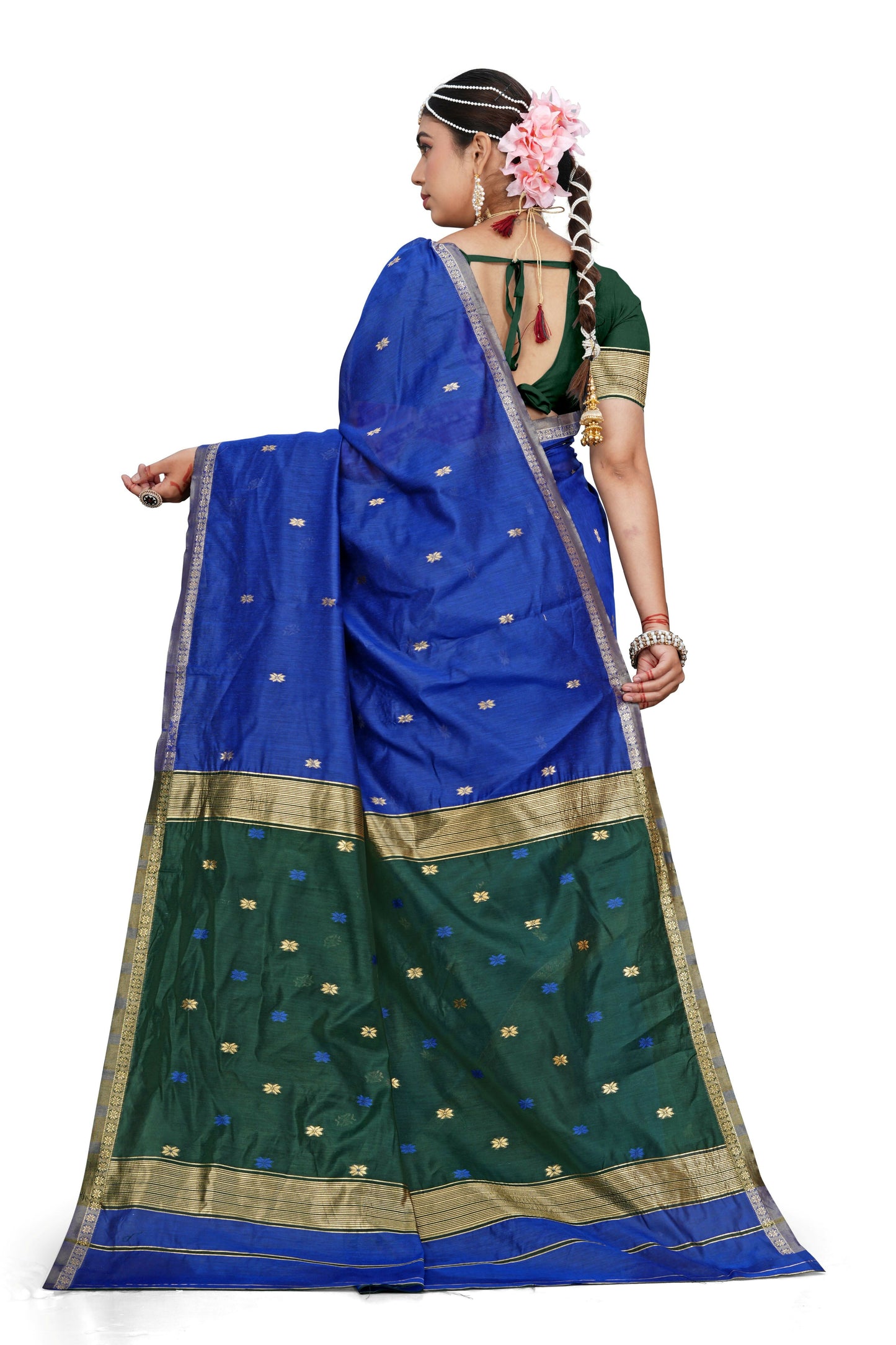 AXONIT Traditional Cotton Saree with Golden Zari Border – Festive & Pooja Wear