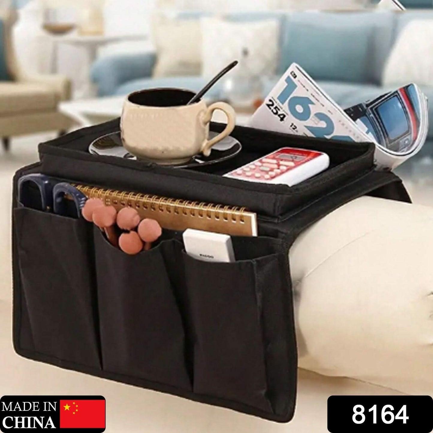 Black Sofa Armrest Hanging Storage Bag – Ideal for Magazines, iPad & Books