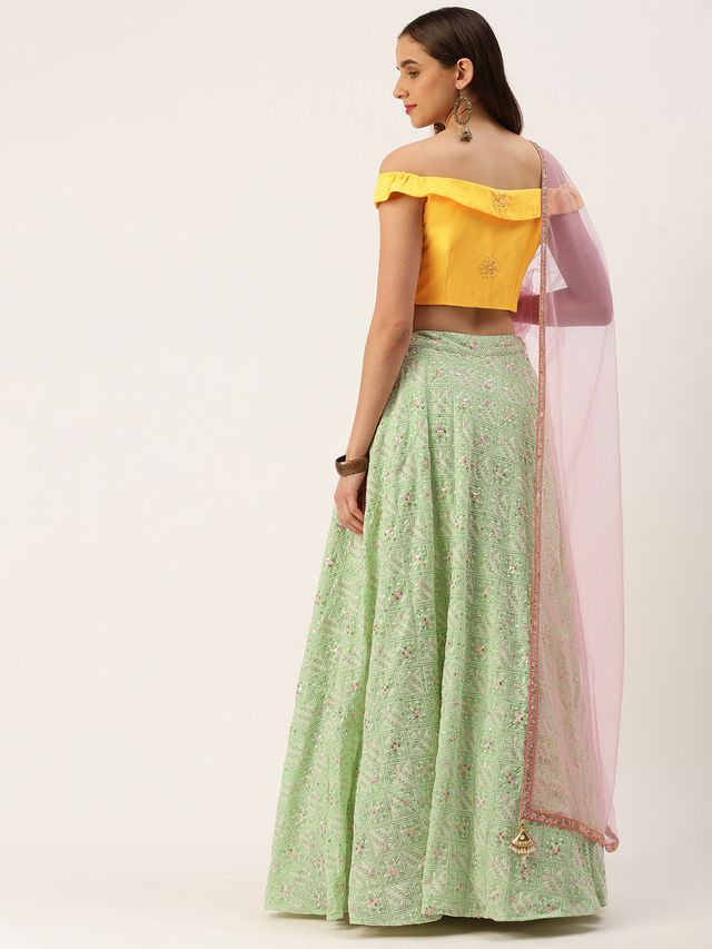 Bollywood Vogue Ready To Wear Yellow N Green Off Shoulder Style Lehenga