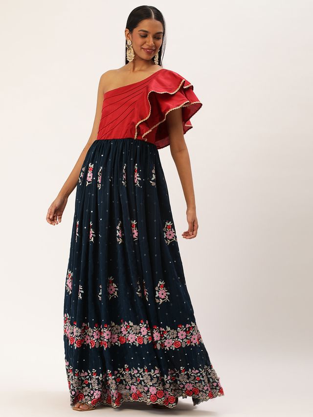 Bollywood Vogue Ready To Wear Maroon N Blue Sequins Georgette Gown