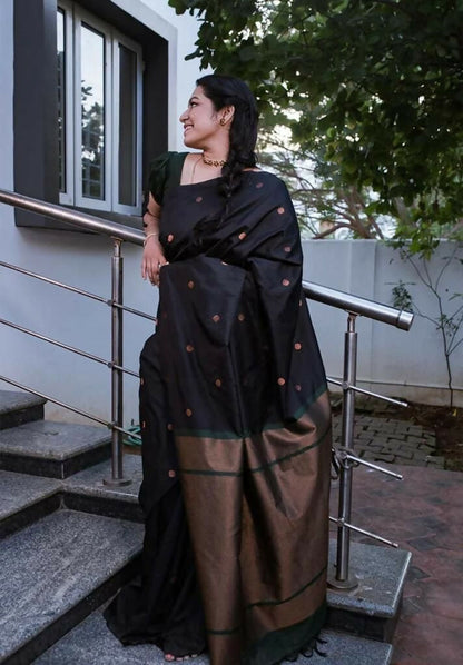 AXONIT Golden Noir Premium Black Jacquard Silk Saree with Gold Zari Buti