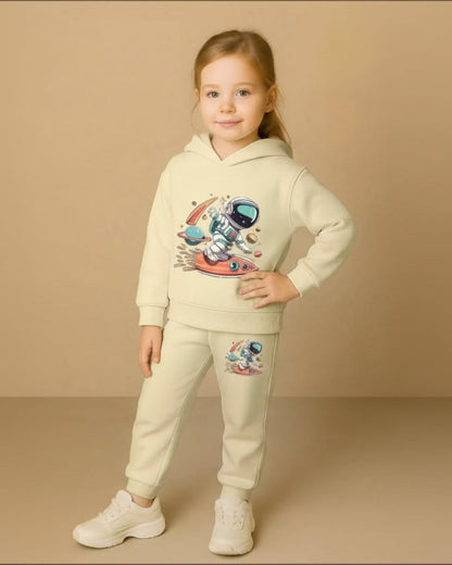 Kids Hooded Sweatshirt & Jogger Set – Astronaut Surf Space Print Casual Wear (Cream) Luck Fashion