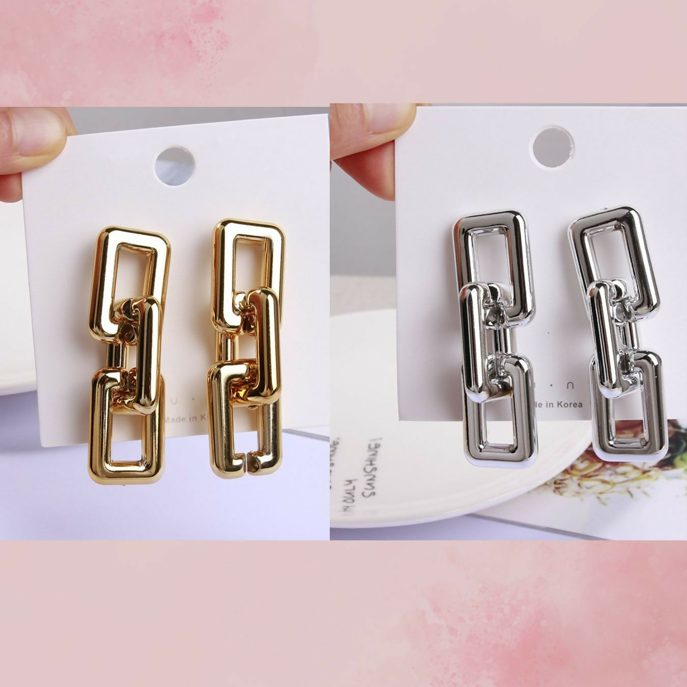 Contemporary Geometric Link Earrings Set – Gold and Silver Rectangle Chain Design Set of 2