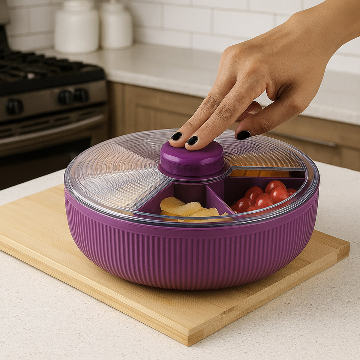 Supermom Multipurpose Round Rotating Dry Fruit & Snack Storage Container with Transparent Lid and Divided Compartments  (1 Pc)