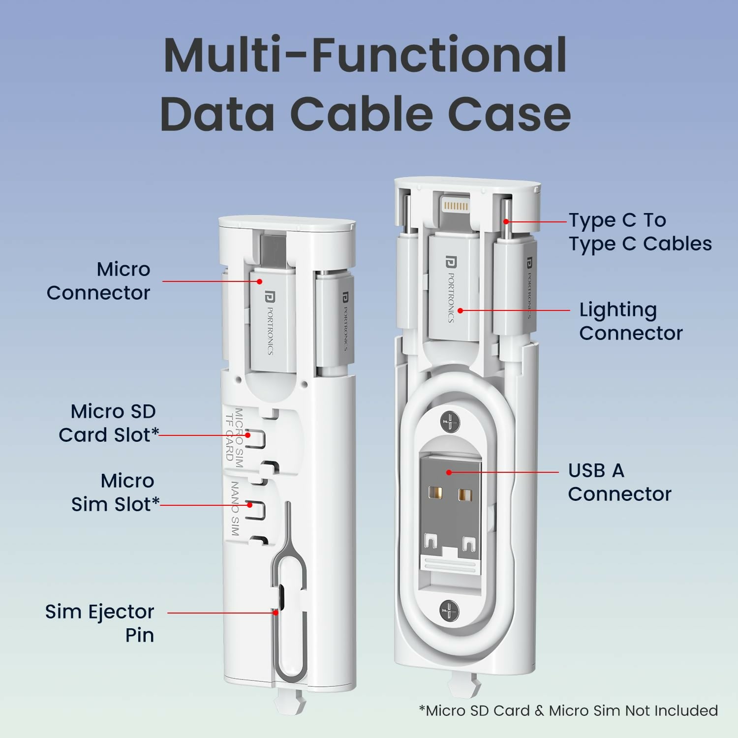 Portronics Snapcase 4 60W Multifunctional Fast Charging Data Cable Kit | USB-A & Type-C to Micro USB, Type-C & Lightning | SIM & SD Card Storage