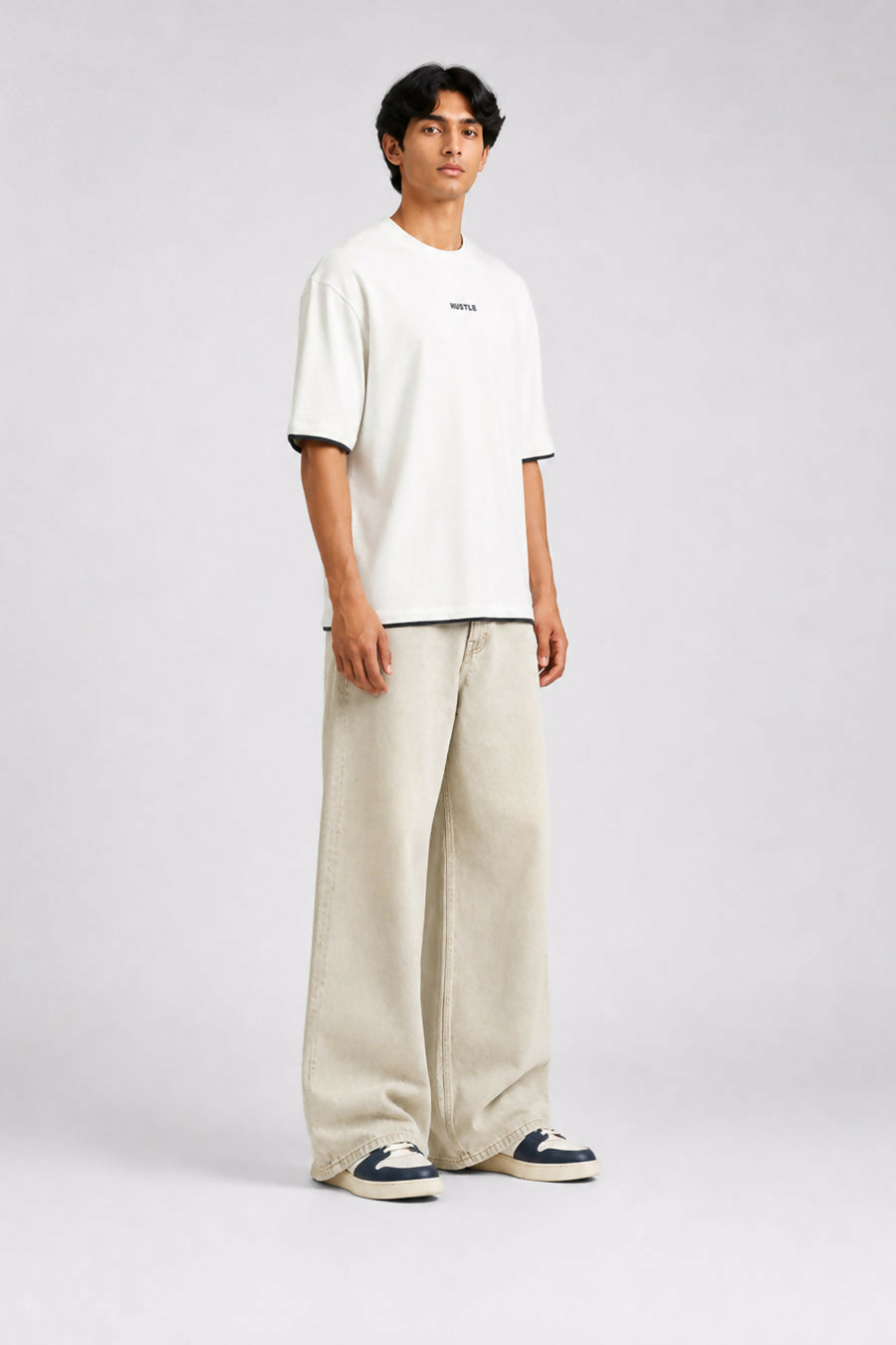 HUSTLE Men's Crew Neck Oversized Tees - White