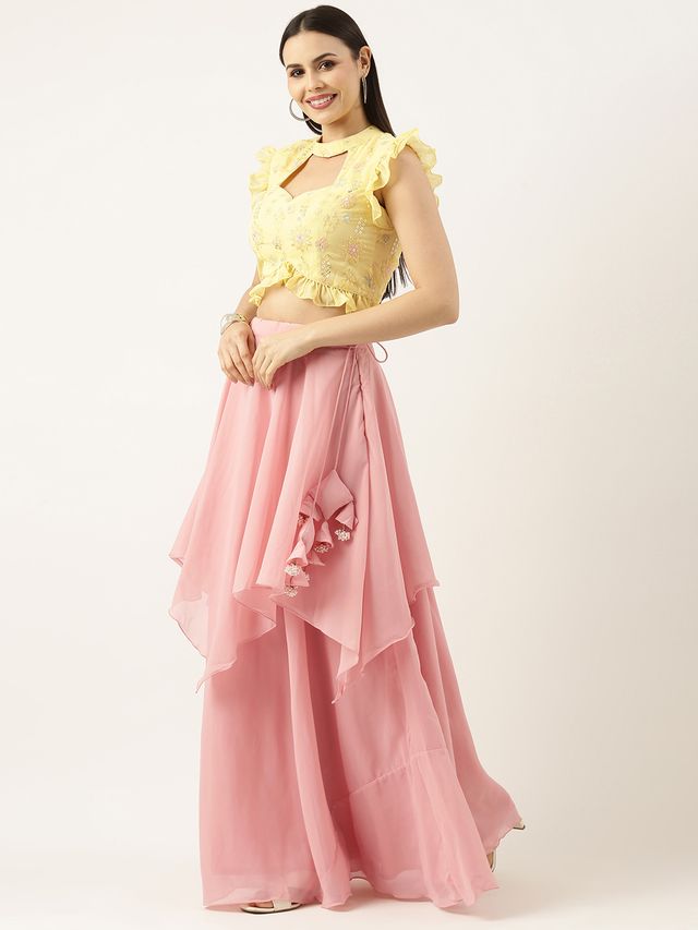 Bollywood Vogue Ready To Wear Yellow Georgette Embroidered Pink Lehenga Set