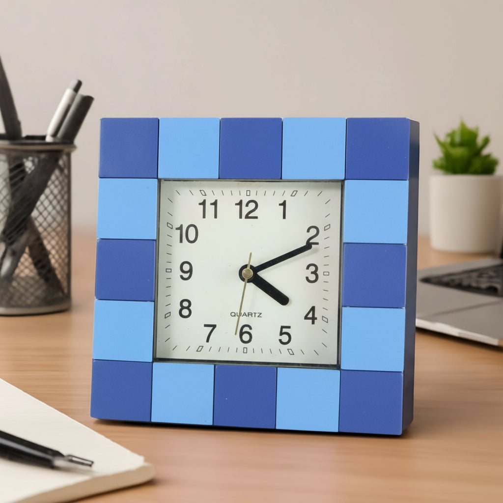 Square Quartz Table Clock – Bold Block-Pattern Frame, Easy-Read Dial, Battery-Operated Analog Desk Clock for Home - (1 Pc)