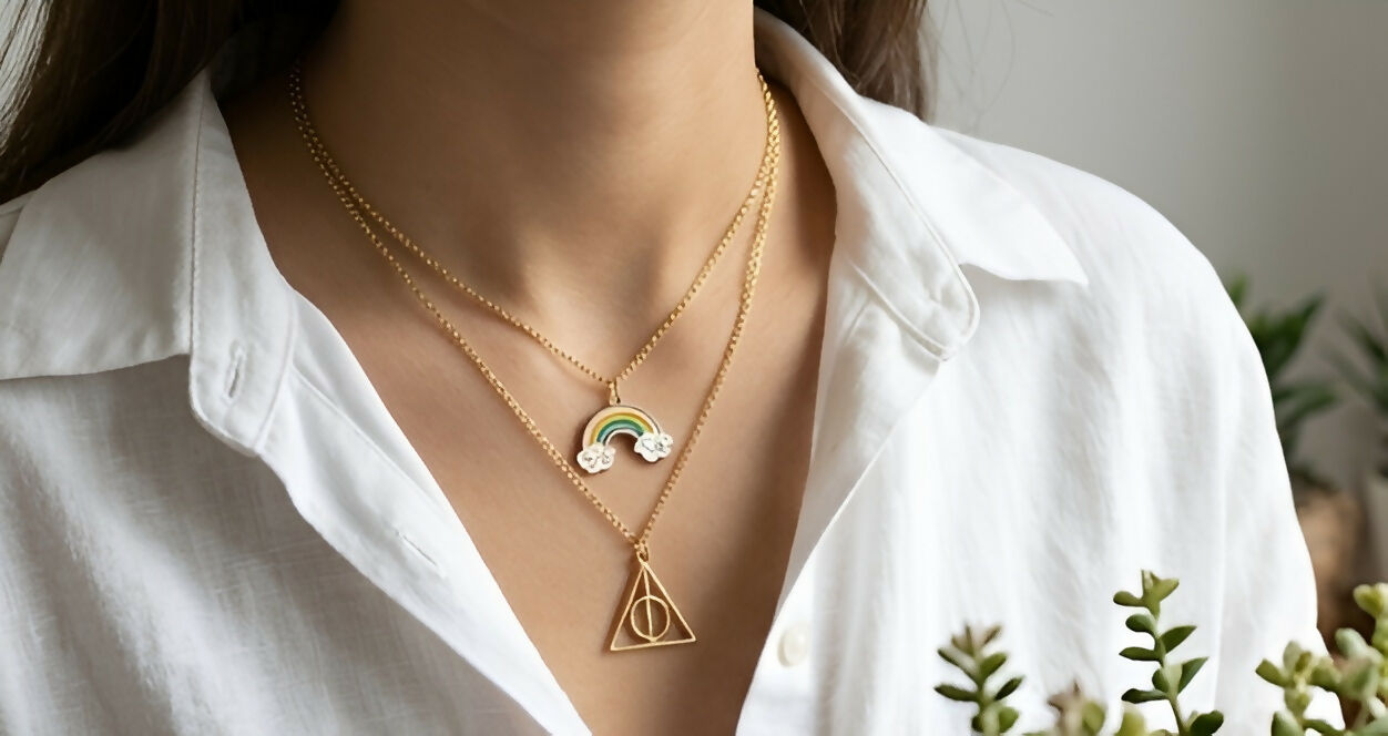Set of 2 Rainbow & Geometric Pendant Necklaces – Gold-Plated Jewelry for Women
