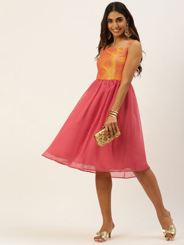Bollywood Vogue Ready To Wear Mustard Taffeta Jacquard N Pink Dress