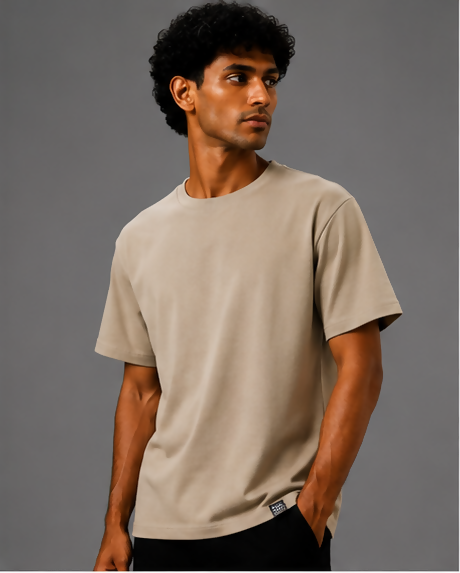 HUSTLE Men's Crew Neck Relaxed Fit T-Shirt – Dull Cream(relax fit)