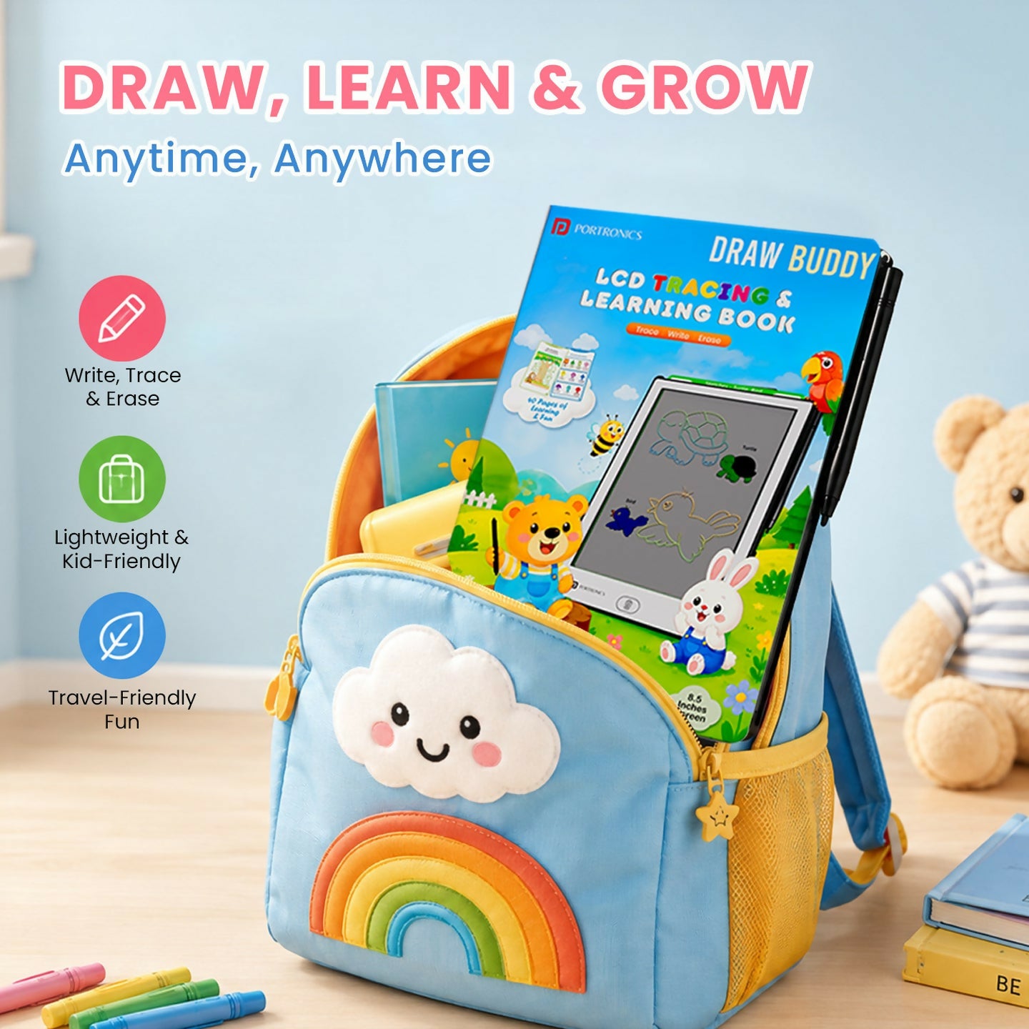 Portronics Draw Buddy Interactive LCD Tracing & Learning Tablet with 40 Activities, Pressure-Sensitive Writing & Screen Lock – Portable Learning Kit