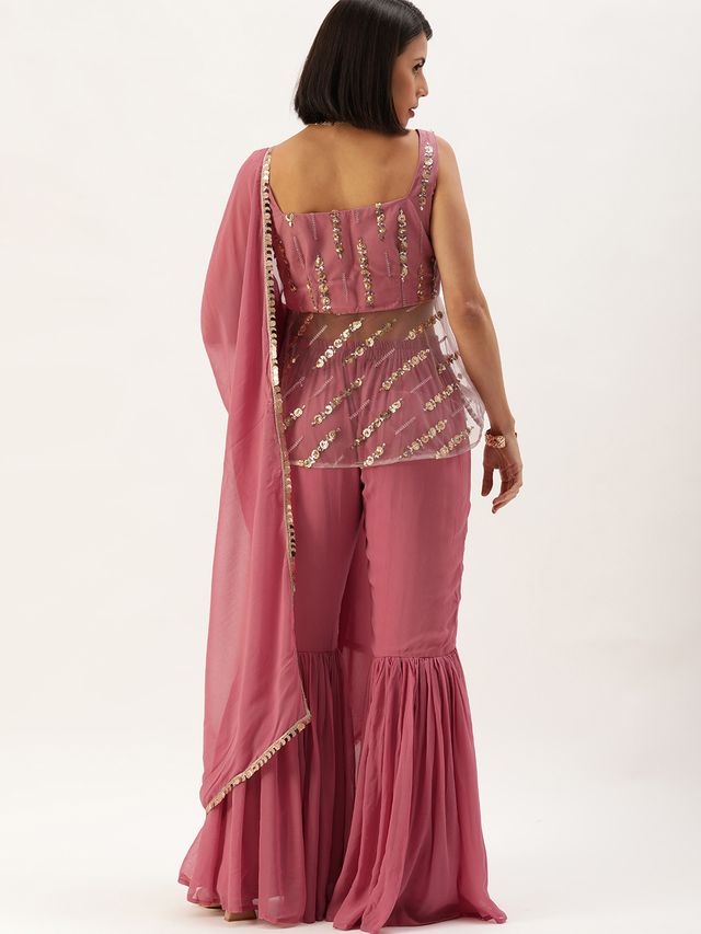 Bollywood Vogue Ready To Wear Mauve Embroidered Square Neck Gharara Suit
