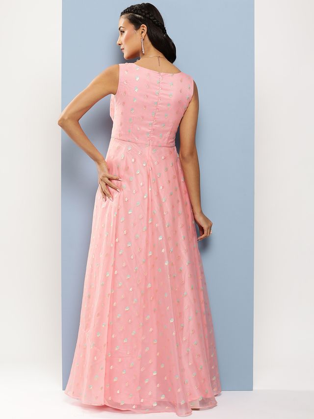 Bollywood Vogue Ready To Wear Pink Organza Jacquard Maxi Dress