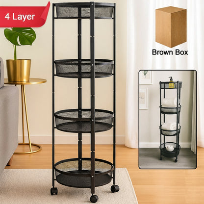 4-layer Round Metal Mesh Storage Organizer Rack With Wheels (1 Pc)