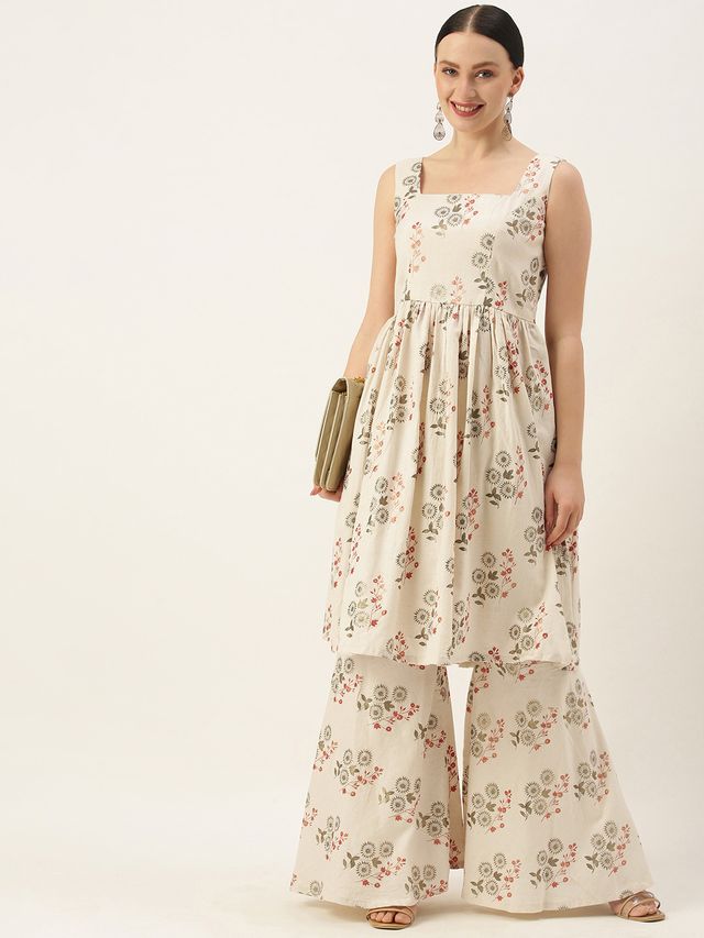Bollywood Vogue Ready To Wear Cream Printed Kurta N Gharara Set