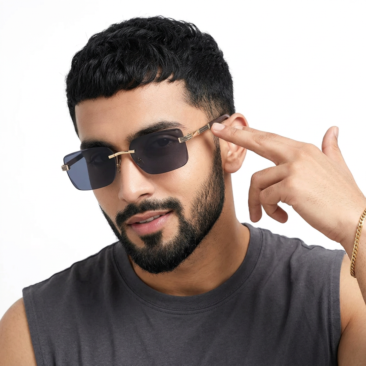 Essence Noble Golden Rimless Sunglasses for Men and Women - Style 2555 - worn by a male model (image 1)