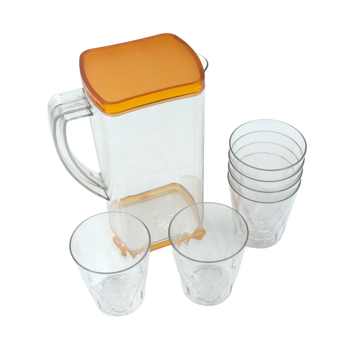 Premium Multi Purpose Square Water & Juice Jug (2000 ml) with Plastic Lid and 6 pieces Glasses (300 ml) (Transparent Color)