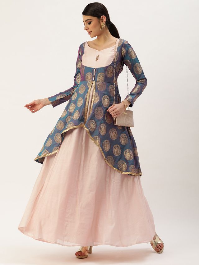 Bollywood Vogue Ready To Wear Peach N Blue Jacquard Layered Gown