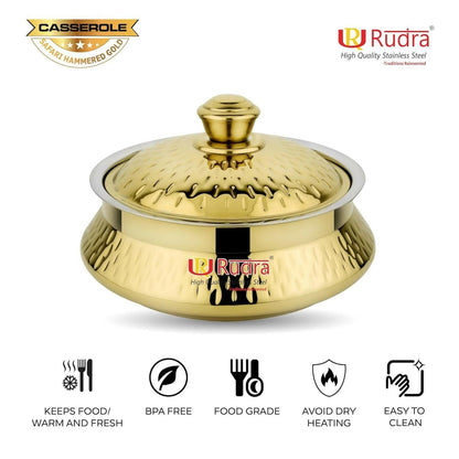 Rudra Safari Hammered Gold Double Walled Stainless steel Casserole (Multiple Sizes) - HalfPe