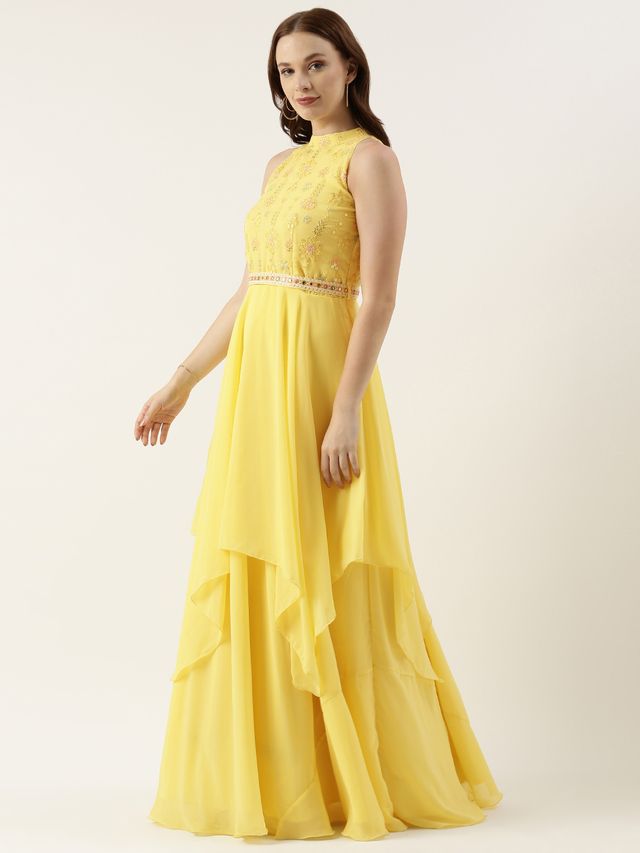Bollywood Vogue Ready To Wear Yellow Embroidered Handkerchief Gown