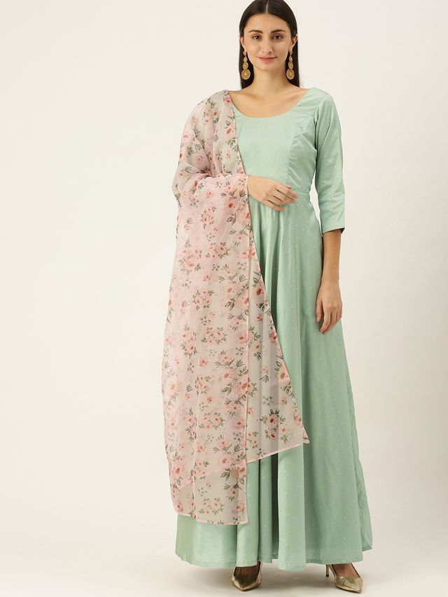 Bollywood Vogue Ready To Wear Green Art Silk Abaya Style Anarkali Suit