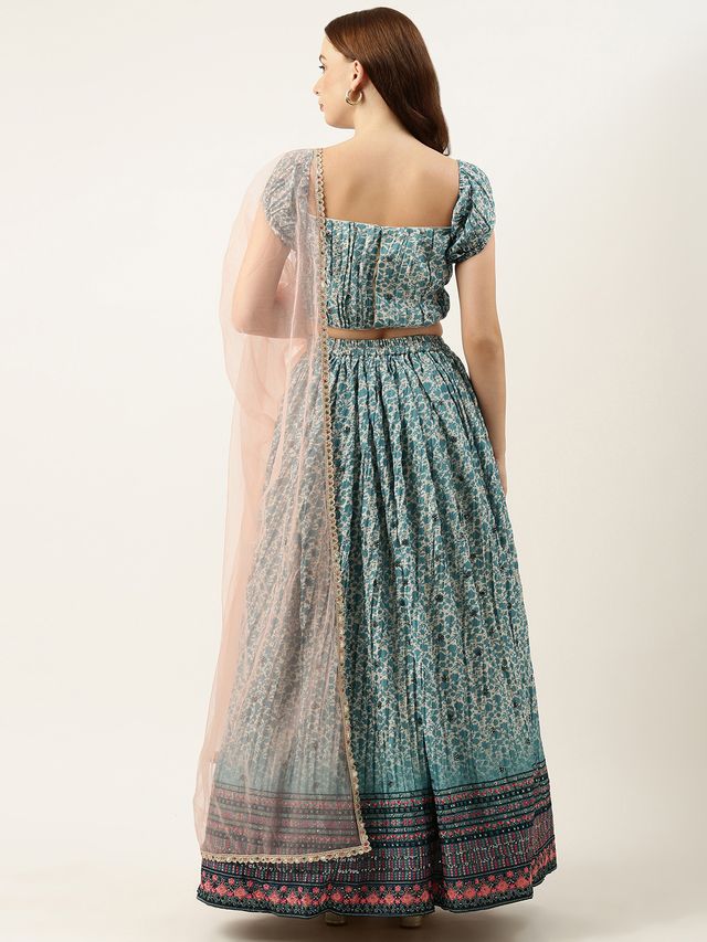 Bollywood Vogue Ready To Wear Cream and Blue Printed N Embroidered Lehenga Set