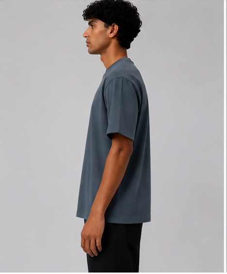 HUSTLE Men's Crew Neck Oversized Fit T-Shirt – Slate Blue(Over Sized Fit)