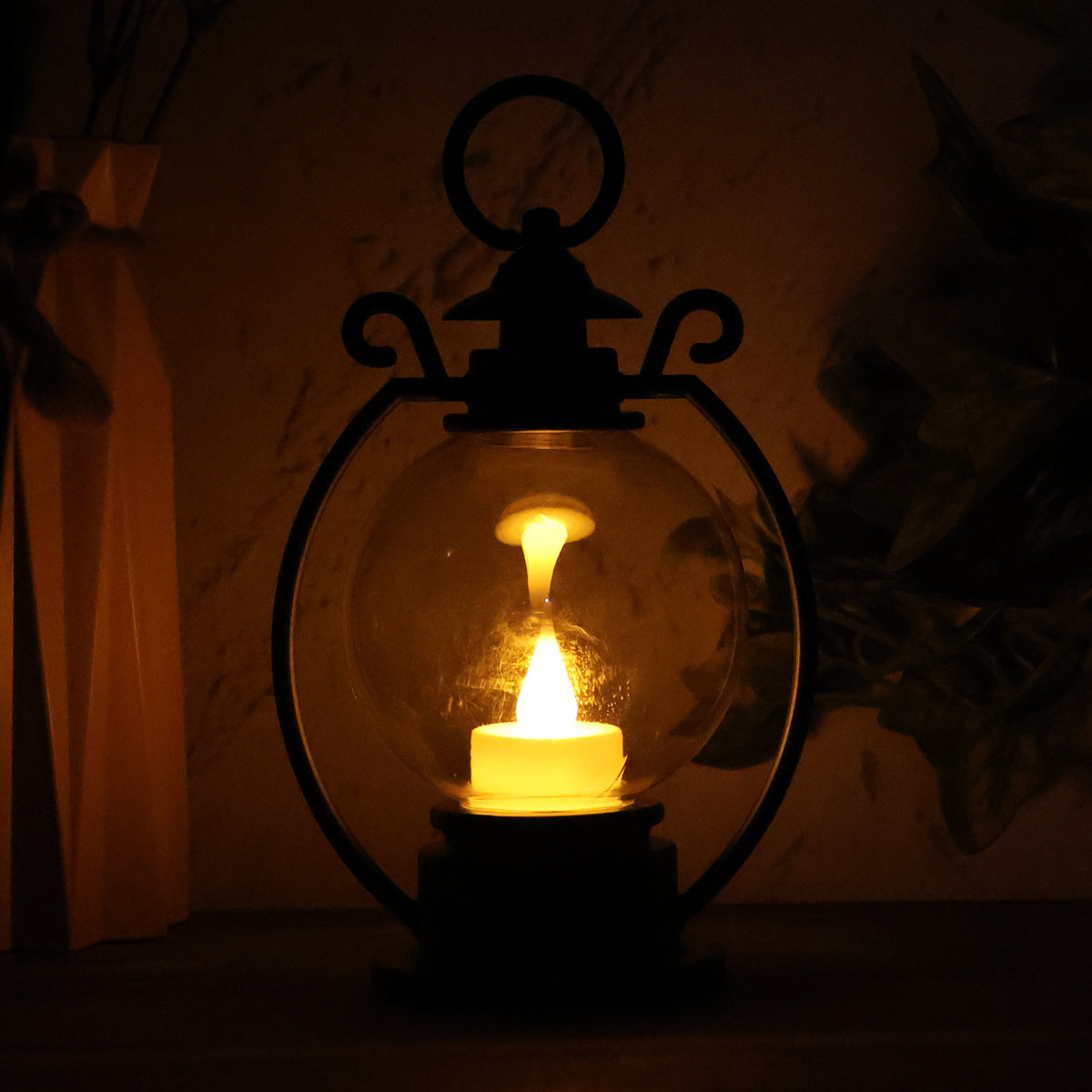 LED Storm Lantern Decorative Light – Vintage Style Round Globe LED Candle Lamp with Warm Flickering Flame Effect for Home Decor(1 Pc)