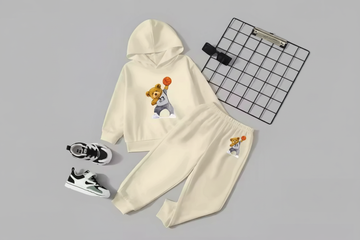 Kids Hooded Sweatshirt & Jogger Set – Basketball Bear Print Casual Wear (Cream) Luck Fashion