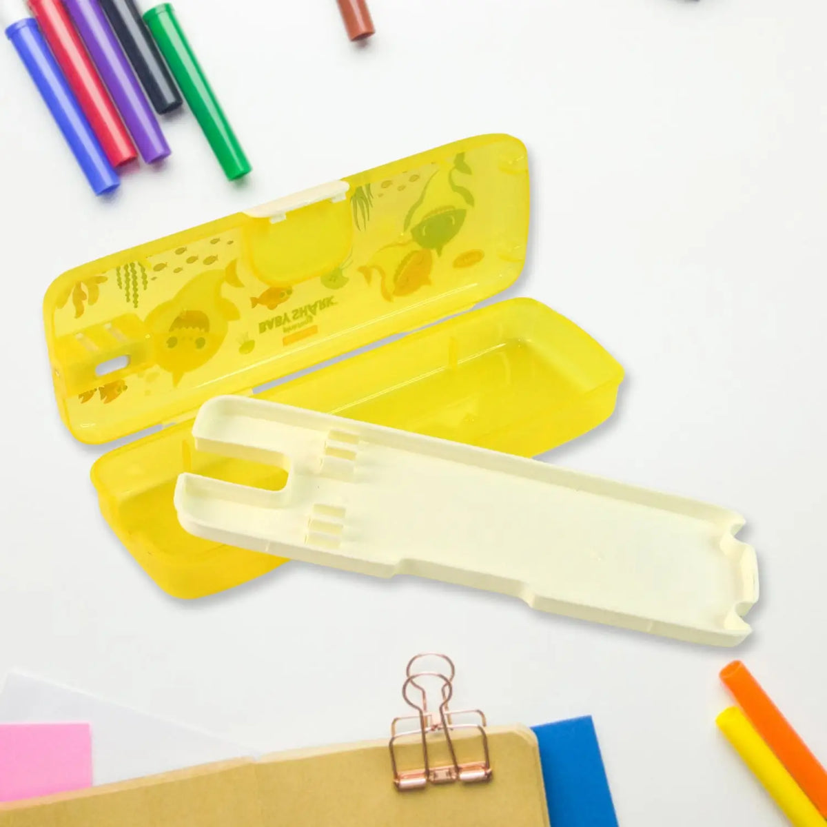 Plastic Pencil Box with LED Light & Cartoon Print – 1 Pc Dual Compartment Stationery Organizer Case for Kids HP DD