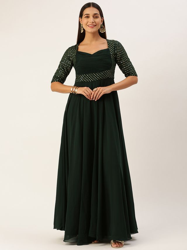 Bollywood Vogue Ready To Wear Green Georgette Sequins Gown