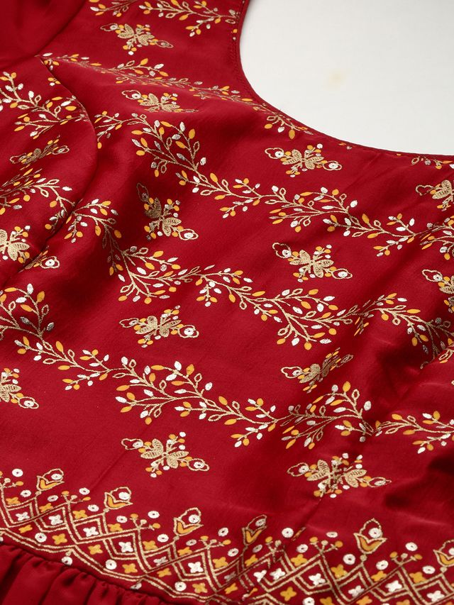 Bollywood Vogue Ready To Wear Maroon Art Silk N Geogette Flare Dress