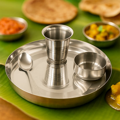 Stainless Steel Thali Set – Round Plate with Katori Bowl, Drinking Glass & Dining Spoon- (Set)